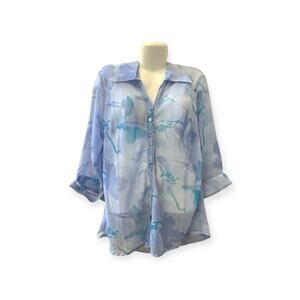 Cassee's Women's Blue Floral Sheer Button-Up Blouse | Size 2X
